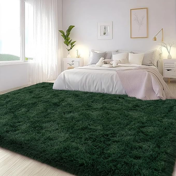 Large Area Rugs for Living Room Bedroom 9x12 Dark Green Shag Rugs | Ultra Soft Fluffy Shaggy Plush Fuzzy Modern Indoor Throw Floor Carpet for Kids Girls Boys Dorm Nursery Home Decor Aesthetic