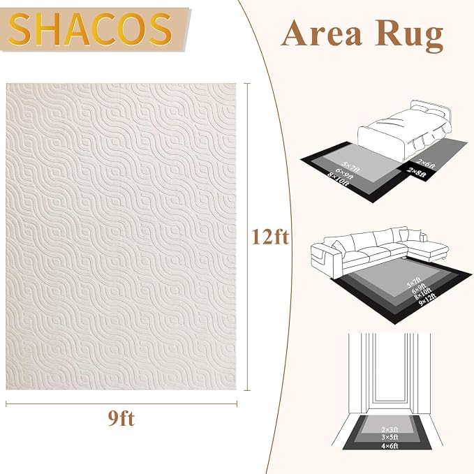 SHACOS 9x12 Large Area Rugs for Living Room Beige Solid Color Soft Fluffy Rug for Bedroom Non Slip Washable Indoor Mat Floor Carpet for Kids Room Nursery Office, High-Low Pile Boho Modern Rug