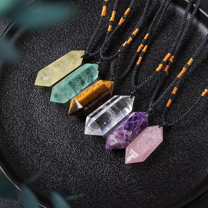 Runyangshi Rose Quartz Healing Crystal Pendants, Double Pointed Natural Crystal Quartz Necklace 6 Faceted Chakra Crystal Wand Stone