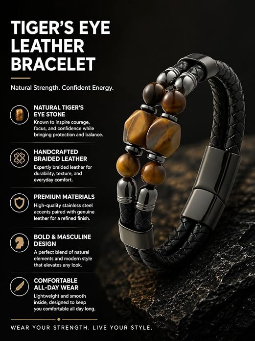 Black Braided Leather Bracelet for Men with Turquoise, Lapis Lazuli, Tiger Eye, Obsidian Stone Double-Row Wristband Beads with Stainless Steel Clasp Fashion Jewelry Gift for Him