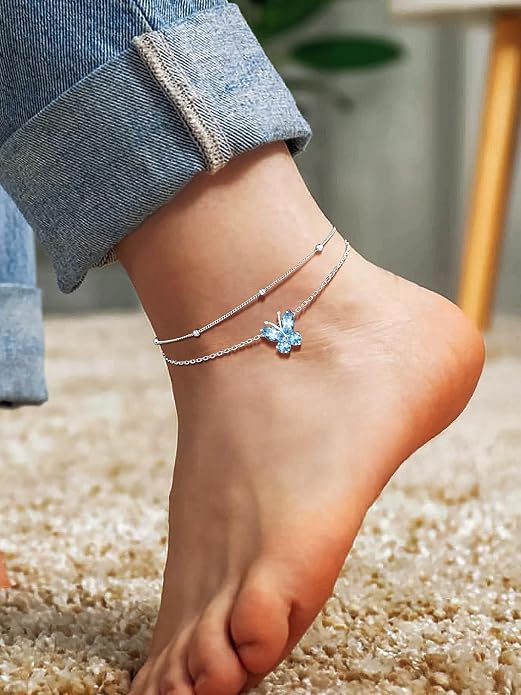 Richsteel Double Layer Heart/Butterfly Birthstone Anklet for Women Non Tarnish Waterproof, Silver/Gold/Black Stainless Steel 8.5-10.5 Inch Adjustable Chain Anklets Jewelry Gifts for Her