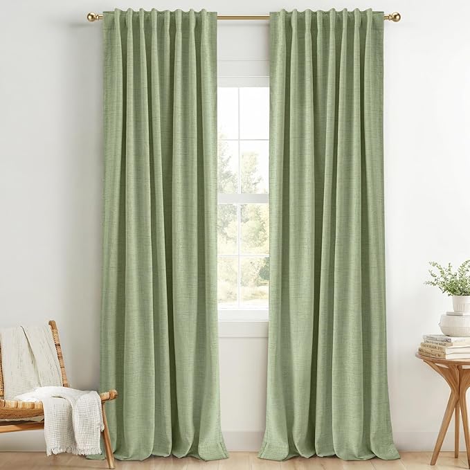 INOVADAY 100% Blackout Curtains 90 Inches Length 2 Panels Set, Back Tab/Rod Pocket Linen Black Out Curtains for Bedroom, Thermal Insulated Window Drapes - Sage, W50 X L90