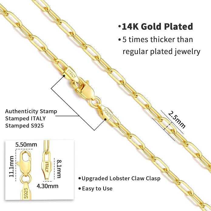 Jewlpire 14K Gold Plated 925 Sterling Silver Paperclip Chain Necklace for Women, 2.5mm 3mm Necklace for Women, Comfortable Women's Chain Necklaces 16 18 20 22 24 26 Inch