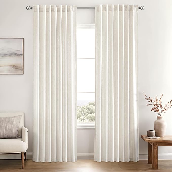 MIULEE Non-See-Through Privacy Linen Curtains 52W x 80L Inch Natural White | 2 Panels, Light Filtering, Semi Sheer Window Curtains, Farmhouse Textured, Back Tab Drapes for Bedroom Living Room