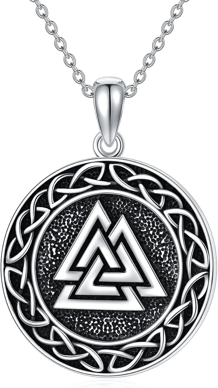 Valknut Viking Necklace 925 Sterling Silver Odin Knot Pendant Necklace Celtic Nordic Pagan Jewelry Gifts for Men Women 18+2"