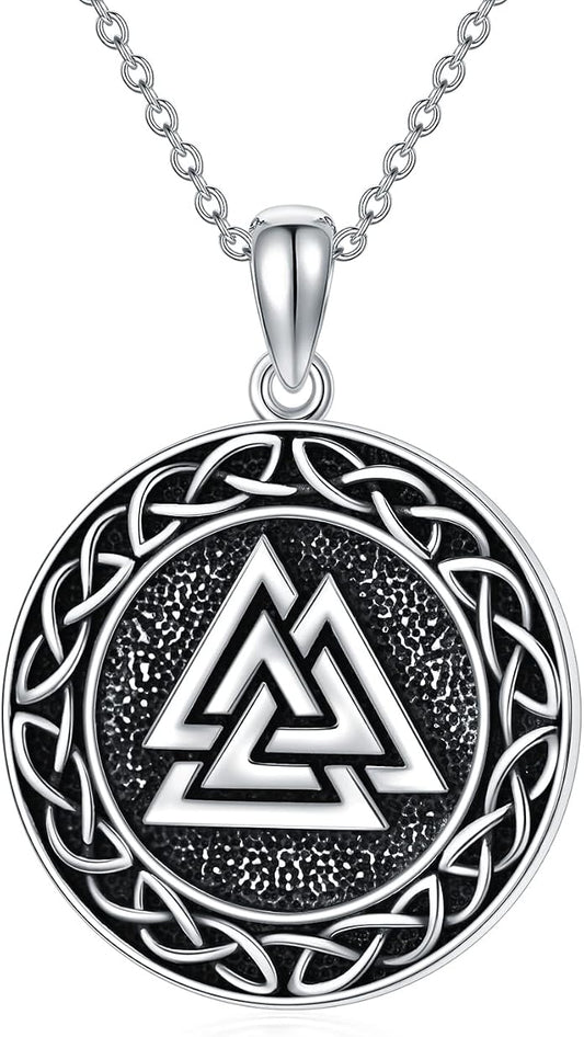 Valknut Viking Necklace 925 Sterling Silver Odin Knot Pendant Necklace Celtic Nordic Pagan Jewelry Gifts for Men Women 18+2"