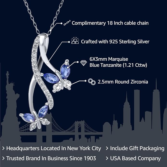Gem Stone King 1.21 Cttw Blue Tanzanite Necklace | Butterfly Infinity Pendant Necklace for Women | 925 Sterling Silver | December Gemstone Birthstone | With 18 Inch Silver Chain