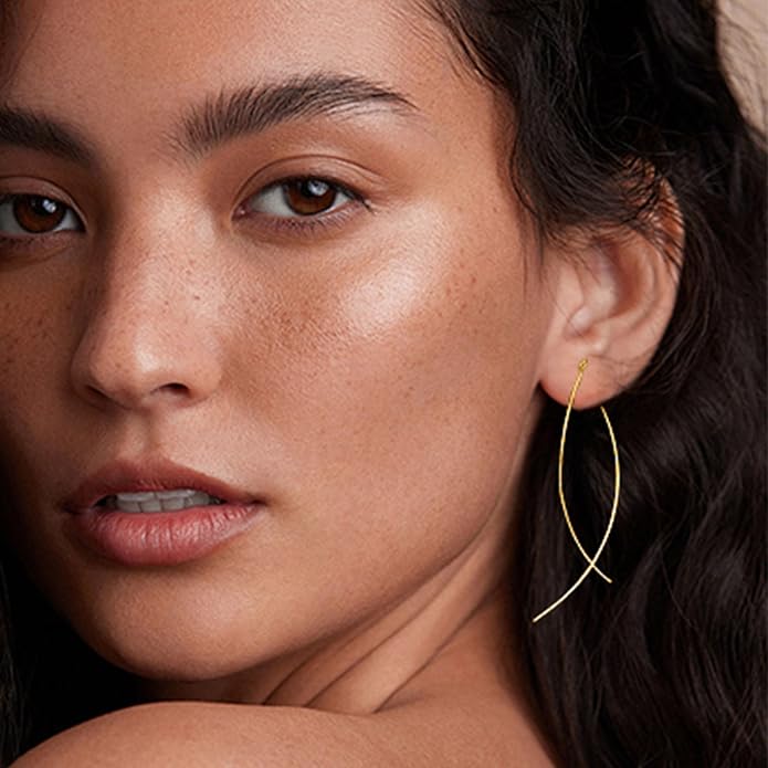 925 Sterling Silver Dainty Hard Wire Threader Dangle Earrings for Women 14k Gold Plated Tassel Threader Pull Through Long Half Hoop Earring Wedding Bridal Birthday Jewelry Gifts