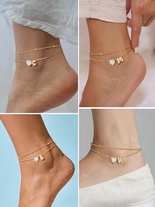 FindChic Silver/14K Gold Plated Layered CZ Initial Ankle Bracelet for Women | Waterproof Stainless Steel, Cubic Zirconia Letter Charm, Non-Tarnish, Hypoallergenic, Adjustable Extender, Summer Jewelry