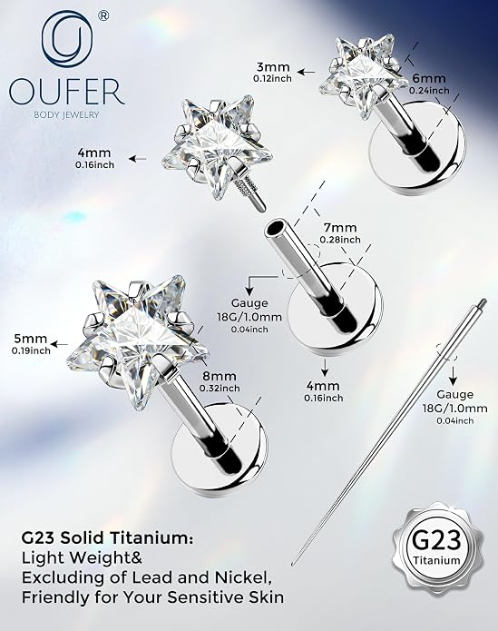 OUFER 18G 6/7/8MM Flat Back Cartilage EarRings-3PCS Gold Titanium Extended Internally Threaded Lip Piercing 2/3/4MM Round Clear CZ Helix Piercing Jewelry