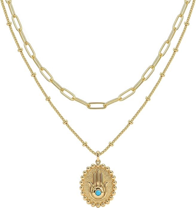 MEVECCO Layered Heart Necklace Pendant Handmade 18k Gold Plated Dainty Gold Choker Arrow Bar Layering Long Necklace for Women