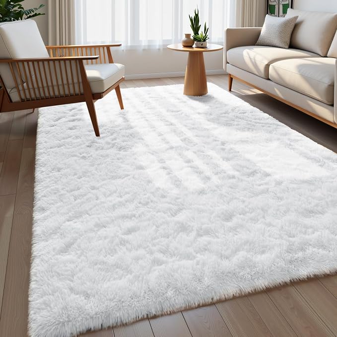 Macgace Fluffy Area Rugs for Bedroom Decor Aesthetic, 4x6 White Shag Rug with Non-Slip Dots for Living Room, Fuzzy Plush Carpet Washable Rug Modern Home Decor for Kids Nursery Girls Room Office