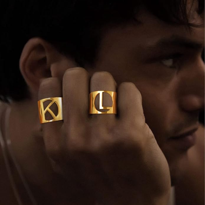 KeyStyle Bold Initial Letter Rings Adjustable, GoldChic Jewelry Women Gold Statement Ring Personalized Engraved Women’s Open Signet Ring for Party (Gold, White Gold, Black)