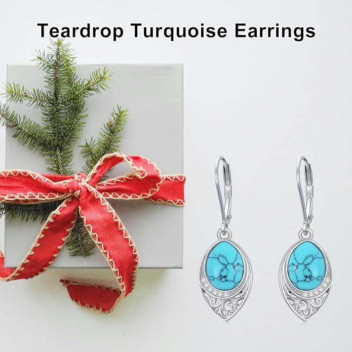 PROESS Filigree Teardrop Earrings S925 Sterling Silver Turquoise/Black Onyx/Peridot/Lapis Lazuli/Abalone Dangle Earrings Teardrop Jewelry for Women Mothers Day Birthday Christmas Gifts