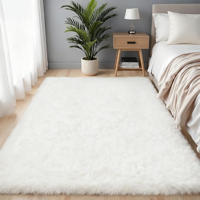 4x6 Area Rug for Living Room, Ultra Soft Fluffy Shag Rugs for Bedroom, Non-Slip Large Fuzzy Plush Rug Indoor Floor Carpet for Nursery Kids Office Dorm Modern Decor, White