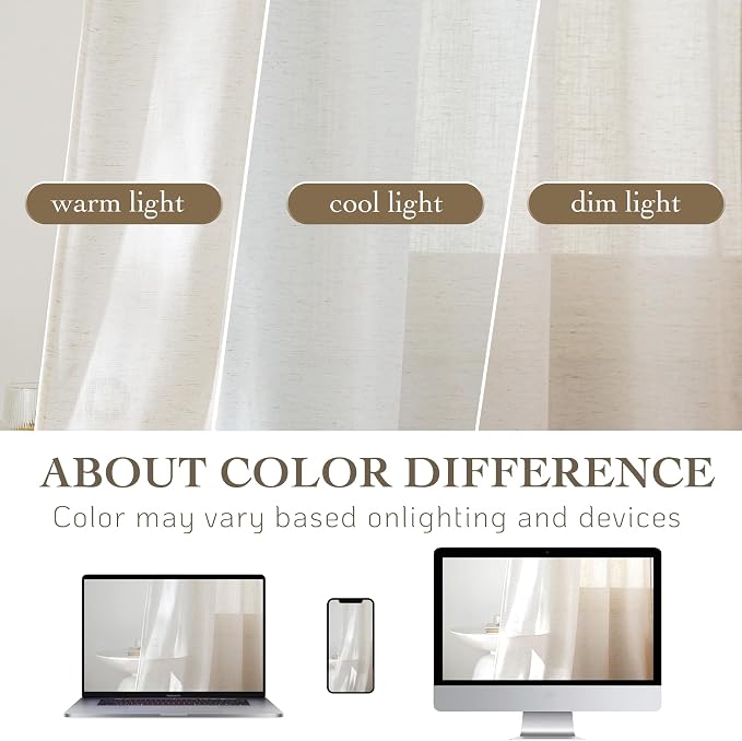 RYB HOME Sheer Linen Curtains Extra Long Light Airy Privacy Protected High Ceiling Window Curtains for Bedroom Living Room, Rod Pocket & Back Tab, Ivory, W 52 x L 120 inch, Set of 2