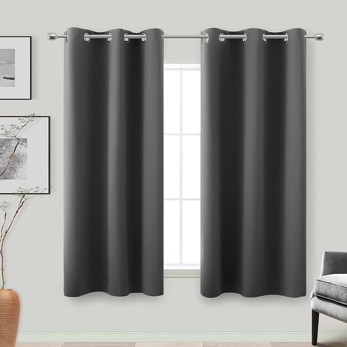 KOUFALL 48 Inch Long Black Out Curtains, Blackout Short Window Curtains 48 Inch Length for Bedroom Bathroom 2 Panels Set, Dark Grey