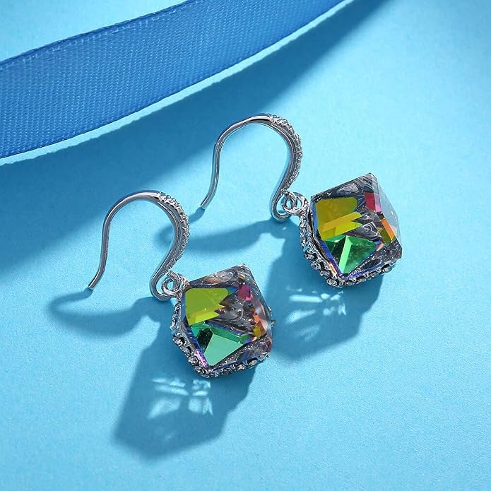 Austrian Crystal Cube Drop Dangle Earrings for Women 14K Gold Plated Hypoallergenic Jewelry