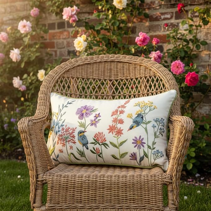 Embroidered Throw Pillow Covers 12 x 20 Pack of 2 Vintage Birds with Flowers Pillow Covers Summer Decor Pillowcase Farmhouse Floral Pillow Cushion Cases Boho Pillowcases Lumbar Pillow Case