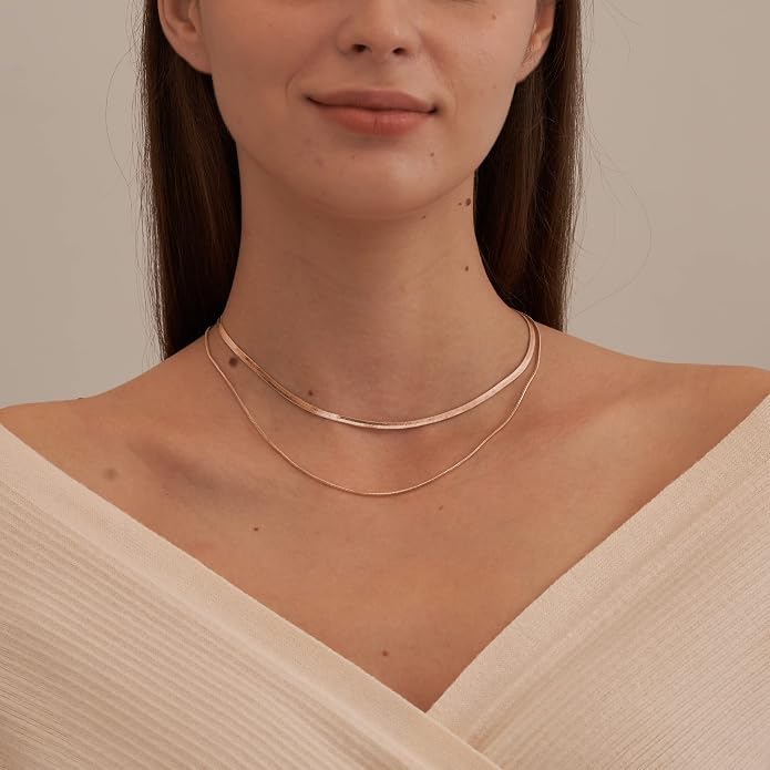 CHESKY 14K Gold/Silver Plated Snake Chain Necklace Herringbone Necklace Gold Choker Necklaces for Women Gifts Jewelry 1.5/3/5MM(W) 14"/16"(L) Mothers Day Gifts for Mom