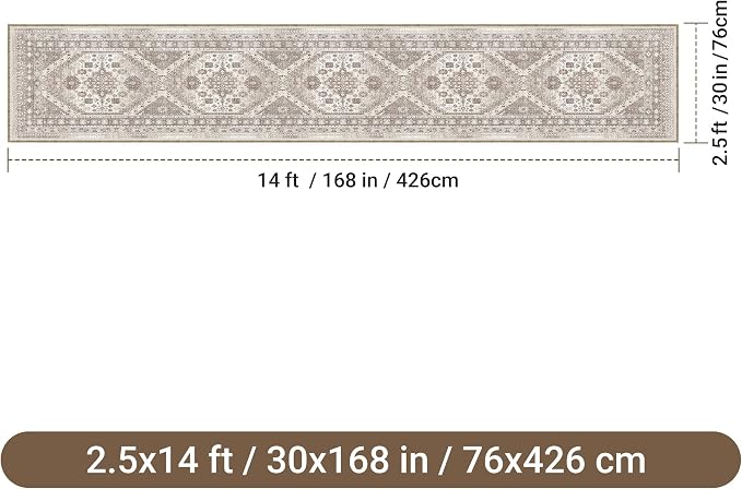 2'6" x 14'Non Slip Runner Rugs - Runners for hallways, Kitchen,Entryway,Stain Resistant Washable Rugs for Bedroom, Indoor Vintage Area Rugs (Brown/Beige,2'6" x 14')