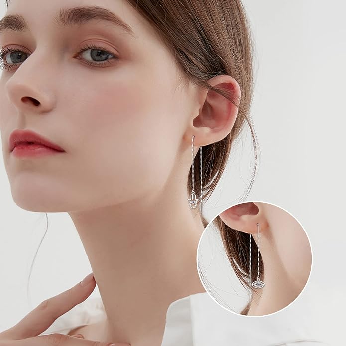 Sterling Silver Threader Earrings Flower Heart Moon Star Tiny Cube Rhombus Sector Beads Dream Catcher Evil Eye Butterfly Leaf Lightning Bolt Tassel Dangle Drop Chain Charm Earrings Jewelry Gifts for Women