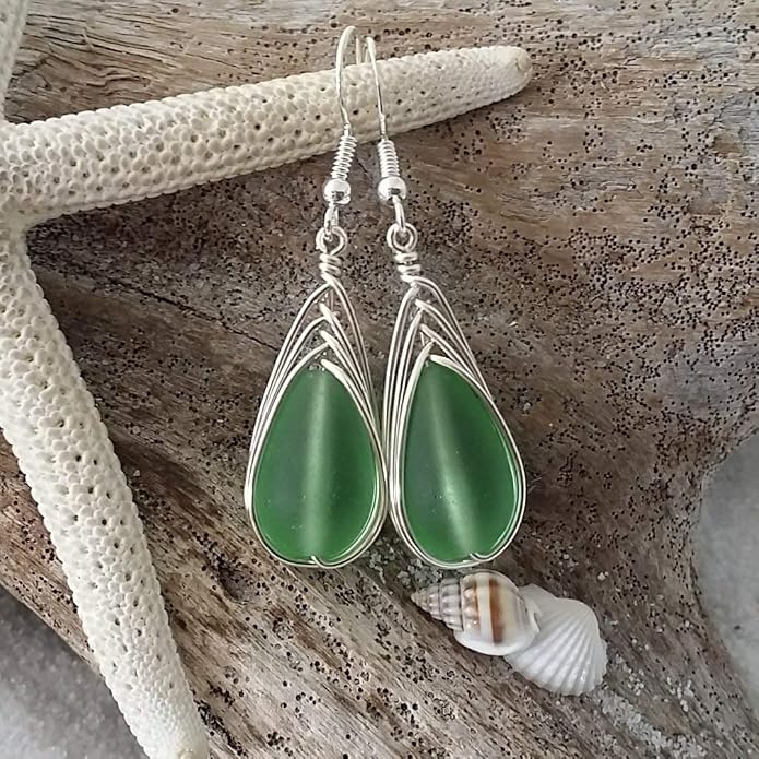 Handmade Sea Glass Earrings, Hawaiian Jewelry, Wire Braided Earrings Teardrop Earrings, Beach Jewelry Sea Glass Jewelry For Women Birthday Gift