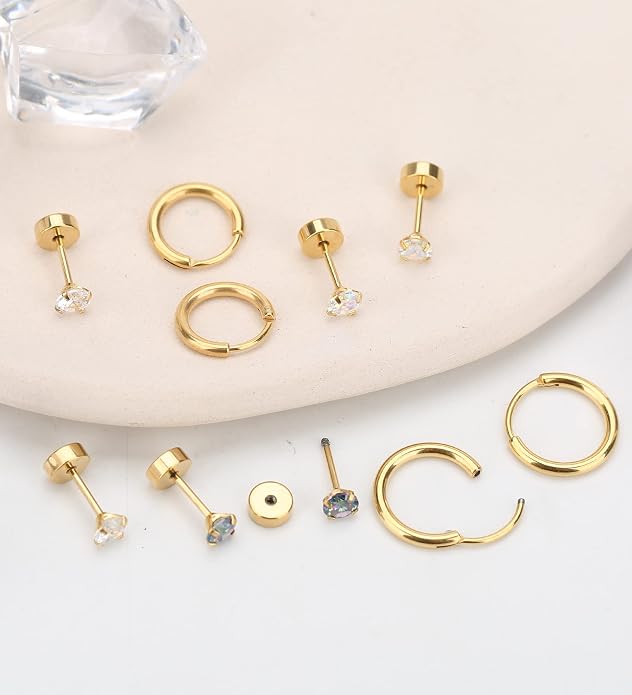 MJust Titanium Earrings for Sensitive Ears 20G Hypoallergenic Stud Hoop Earrings for Women Men Opal Ball CZ Heart Pearl Flat Back Earrings Cartilage Earrings Set