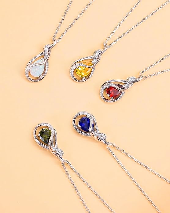 FANCIME TimelessTie Birthstone Necklace for Women White Gold Plated Sterling Silver Ribbon Design Jewelry Knot Pendant Fine Jewelry Gemstone Anniversary Birthday Graduation Mothers Day Gifts for Women Wife Mother Her