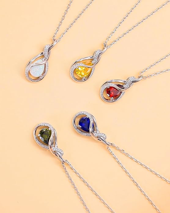 FANCIME TimelessTie Birthstone Necklace for Women White Gold Plated Sterling Silver Ribbon Design Jewelry Knot Pendant Fine Jewelry Gemstone Anniversary Birthday Graduation Mothers Day Gifts for Women Wife Mother Her
