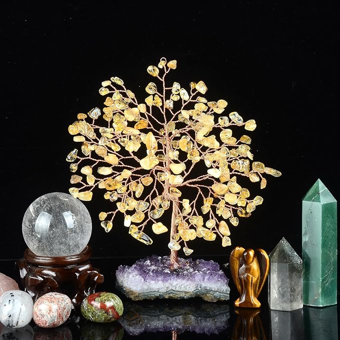 Natural Citrine Crystal Tree with Amethyst Geode Base,Crystal Ornaments Feng Shui Bonsai Money Tree,Chakra Balancing Positive Energy Figurings Decor 5.5"-6.3"