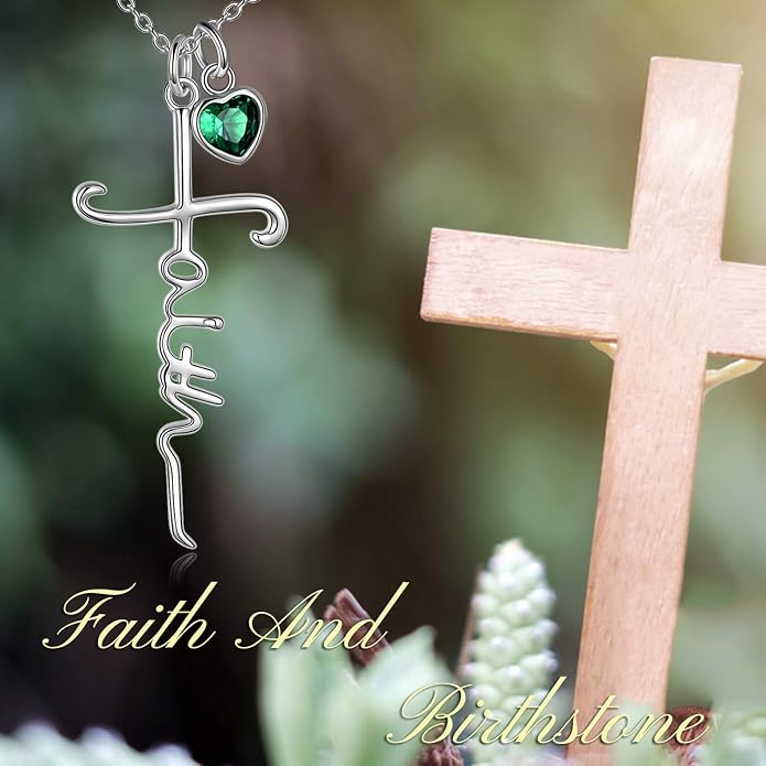 Faith Cross Necklace For Women Birthstone Sterling Silver with Simulated Birthstone Cross Jewelry Christian Gifts