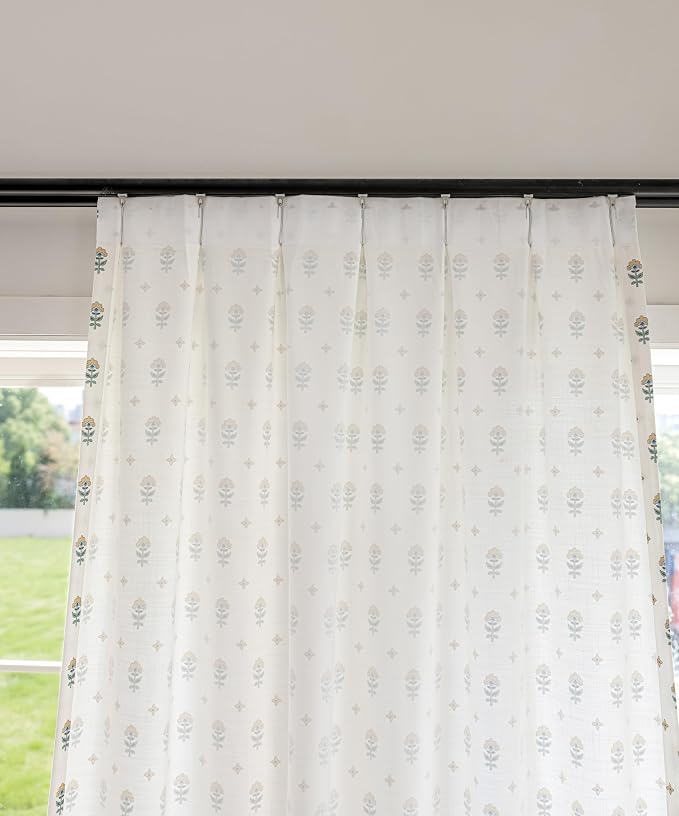 DrapePalette - Linen Blend Pinch Pleated Curtains 84 Inches Long for Living Room, Bedroom, Dining Room, Light Filtering Curtains 2 Panels Set, Modern Floral Printed Design, Golden Bloom, 30" W x 84" L