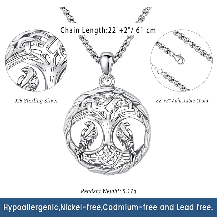 Eusense Viking Necklace for Men Women 925 Sterling Silver Pendant Thors Hammer/Norse Runes/Odin's Ravens/Wolf/Dragon/Snake/Yggdrasil/Freya/Helm of Awe/Valknut/Triskelion/Axe/Shield Viking Jewelry