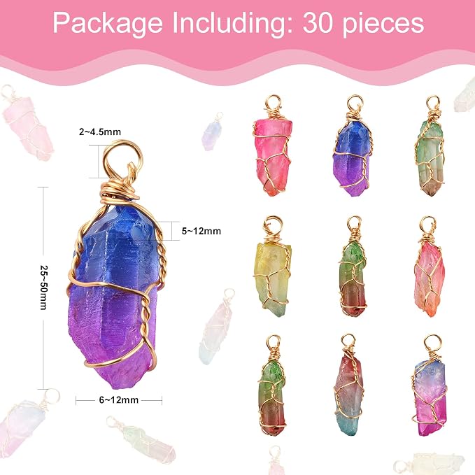 DanLingJewelry 30pcs Natural Bullet Quartz Stones Pendants Wire Wrapped Chakra Reiki Healing Crystal Charms for Jewelry Crafting DIY