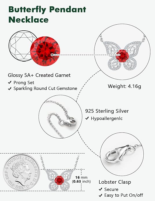 925 Sterling Silver Birthstone Necklaces for Women, Dainty Cute Dragonfly/Butterfly Pendant Necklace, Great Christmas/Anniversary Jewelry for Mother