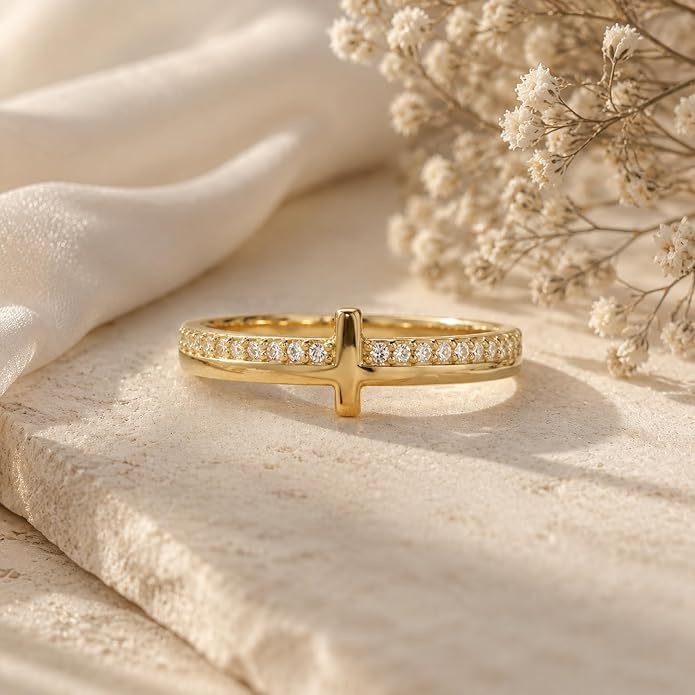 Gold Cross Statement Rings for Women 14K Gold Silver Tone Non Tarnish Cute Band High Polished Smooth Comfort Fit Size 5-10