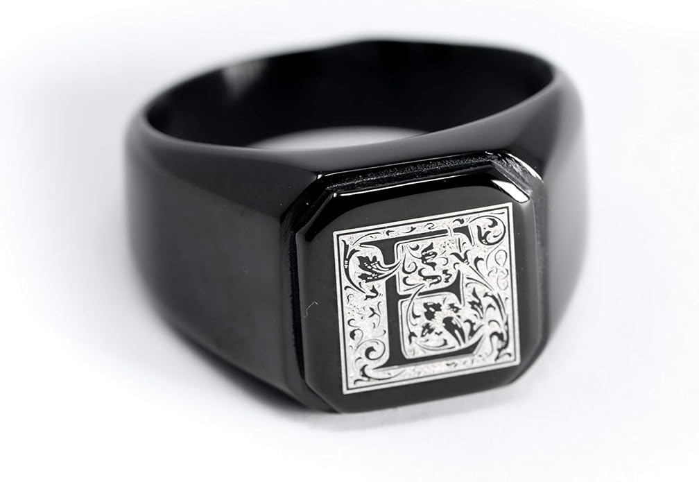 Jewelry | Stainless Steel Letter Alphabet Initial Ring | Square Flat Top Ring for Men & Women | Stainless Steel Jewelry, (Black, Gold, Silver), Size 7-16
