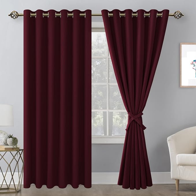 Hiasan Grommet Blackout Curtains for Bedroom, 70 x 84 Inches - Thermal Insulated & Light Blocking Window Drapes for Living Room/Dorm Room Christmas Decor, Set of 2 Panels Sewn with Tiebacks, Burgundy
