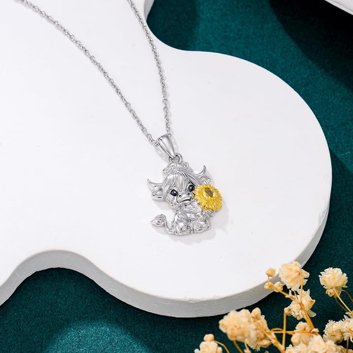 Highland Cow Gifts for Women 925 Sterling Silver Highland Cow Birthstone Necklace Fluffy Cow Jewelry Gifts Birthday Christmas