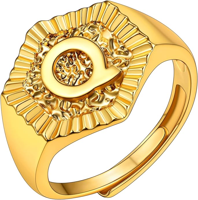 KeyStyle Bold Initial Letter Rings Adjustable, GoldChic Jewelry Women Gold Statement Ring Personalized Engraved Women’s Open Signet Ring for Party (Gold, White Gold, Black)
