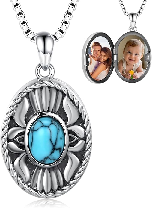 925 Sterling Silver Oval Turquoise Lockets Pendant that Holds Pictures Vintage Jewelry Memorial Gifts for Women