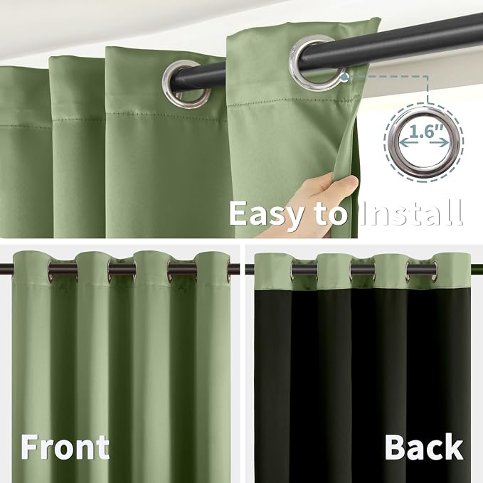 BGment Thermal Insulated 100% Blackout Curtains for Bedroom with Black Liner, Double Layer Full Room Darkening Noise Reducing Grommet Curtain (52 x 63 Inch, Grass Green, 2 Panels)