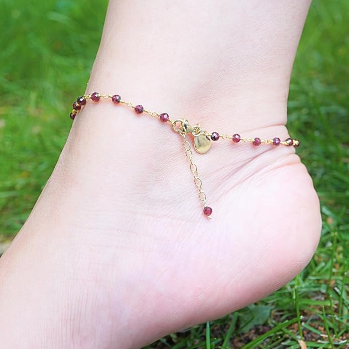 Dainty Gemstone Anklet for Women – 10 Inch Adjustable Anklet with 1 Inch Extender, Gold or Silver Plated Foot Jewelry, Minimalist Boho Style Gift