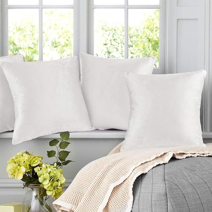 Nestl Throw Pillow Covers, Cozy Velvet Decorative Outdoor Pillow Covers 18X18 Inches, Soft Solid Cushion Covers for Sofa, Bed and Car, Set of 4 - White