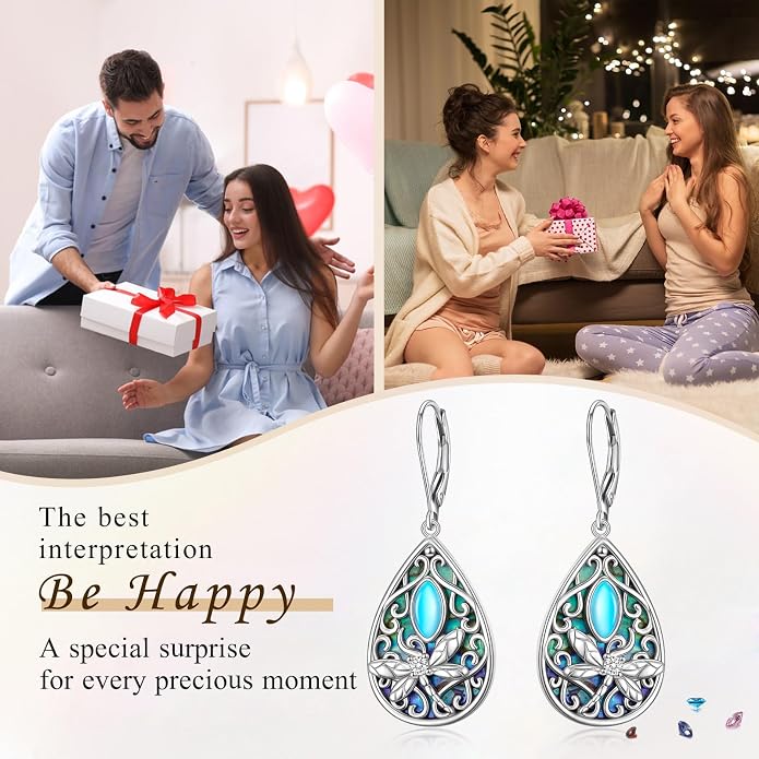 Dragonfly Filigree Earrings 925 Sterling Silver Created Abalone Shell Moonstone Teardrop Dangle Jewelry Birthday Mother’s Day Gifts for Women