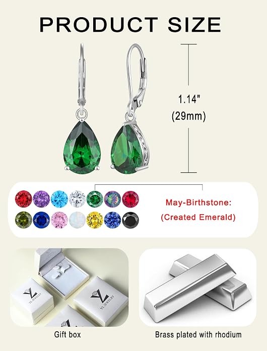 YL Solitaire Dangle Drop Earrings Teardrop Leverback Earrings Brass 8X12 MM Birthstone Jewelry for Women