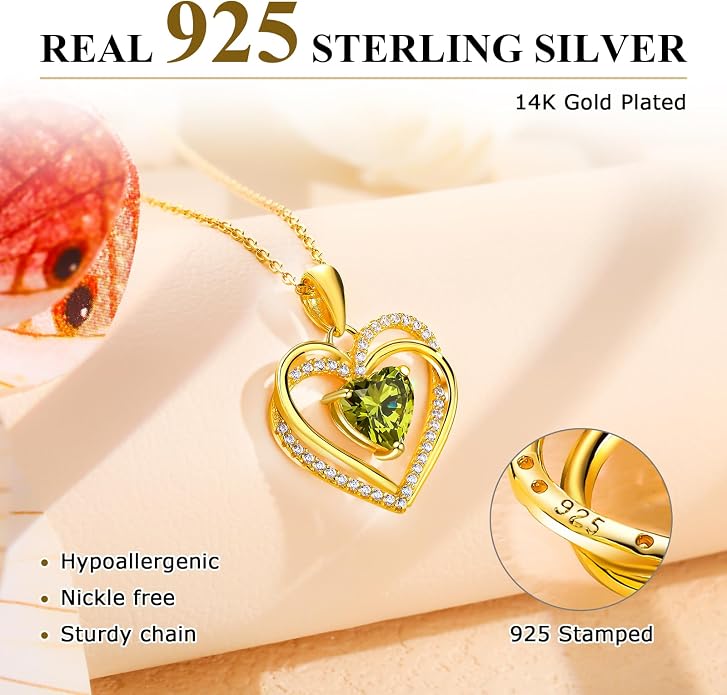 Anniversary Charm Necklace, Sterling Silver 14K Gold Plated Chain with Interlocking Heart Pendant Elegant Birthstone Necklaces for Women, Length 18"