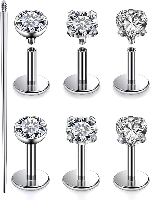 20G 18G 16G F316 Titanium Flat Back Nose Rings Studs Hypoallergenic Screw on Tragus Helix Cartilage Earrings Stud Piercing Jewerly for Women Men Bars 6mm