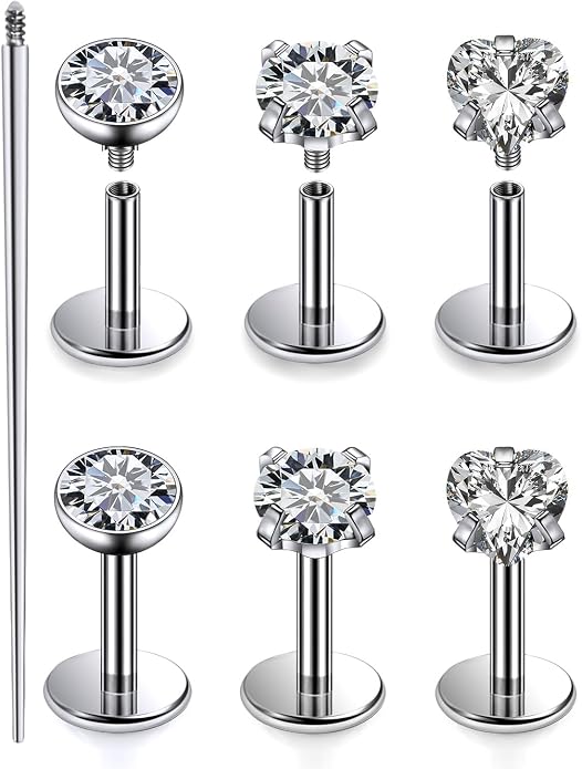 20G 18G 16G F316 Titanium Flat Back Nose Rings Studs Hypoallergenic Screw on Tragus Helix Cartilage Earrings Stud Piercing Jewerly for Women Men Bars 6mm